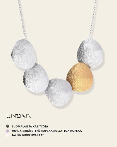 Lumoava Lily kaulakoru, hopea näyttävä kaksivärinen kaulakoru, juhlakaulakoru, kotimainen design suomalainen korumuotoilu, 