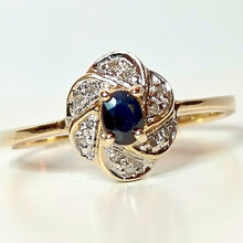 Lataa kuva Galleria-katseluun, Safiiri-timanttisormus 14k kulta koko 18- v. 97, second hand
