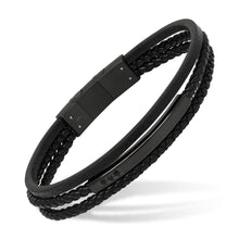 Lataa kuva Galleria-katseluun, Musta nahkarannekoru mustalla teräslaatalla ja mustilla zirkoneilla
