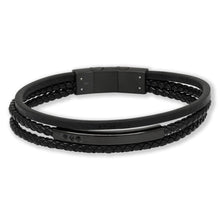 Lataa kuva Galleria-katseluun, Musta nahkarannekoru mustalla teräslaatalla ja mustilla zirkoneilla
