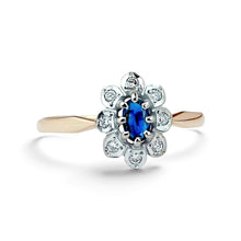 Lataa kuva Galleria-katseluun, Kotimainen Kohinoor sinisafiiri-timantti Diana-sormus 14k v. -88 koko 19,5, second hand
